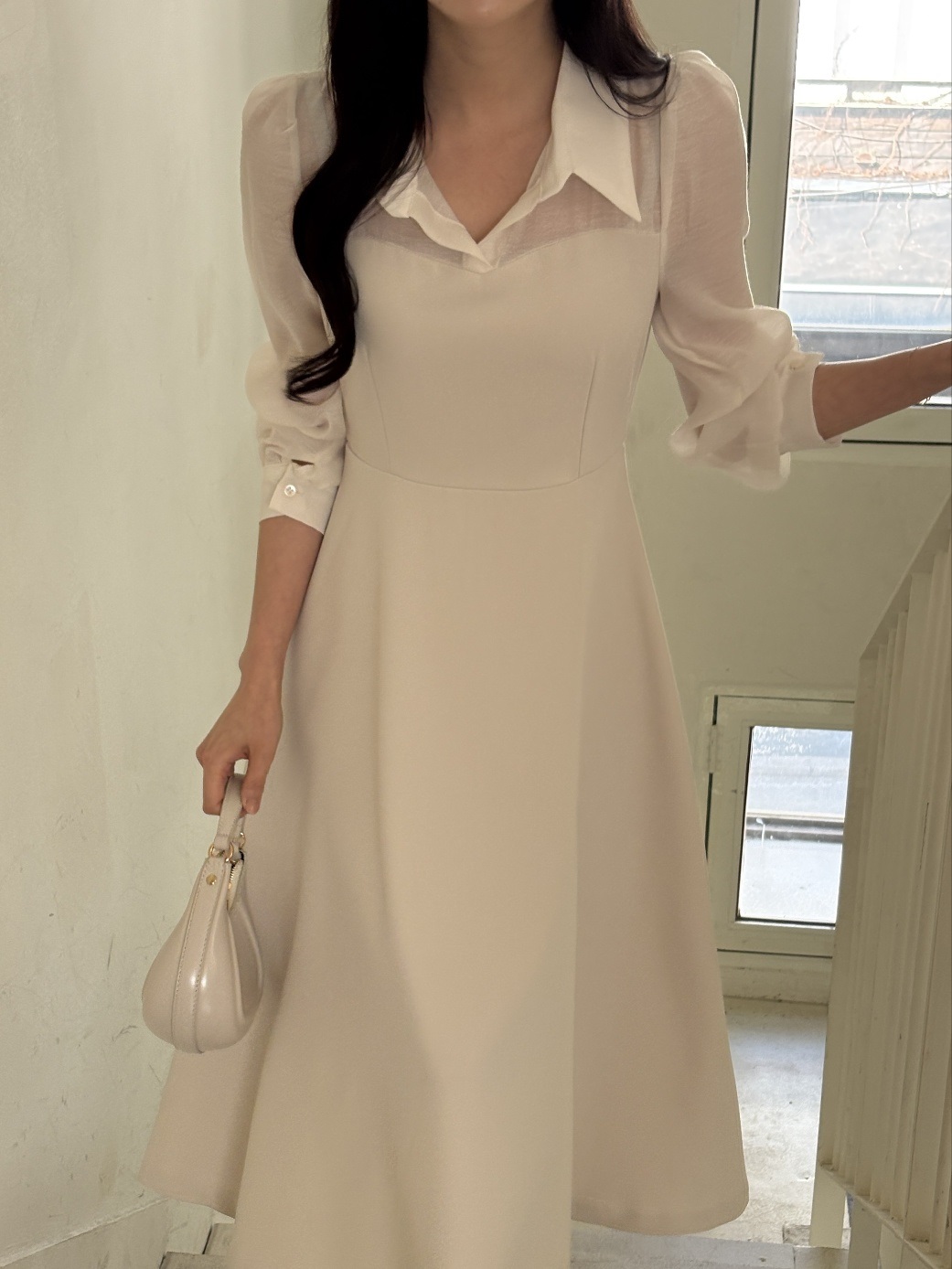 シフォンコンビジップアップカラーラインパフスリーブ長袖ミディフレアボタンスリーブ無地ワンピース | 詳細画像2