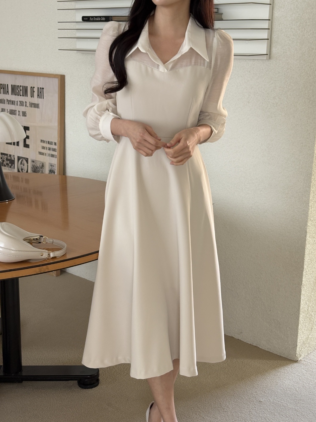 シフォンコンビジップアップカラーラインパフスリーブ長袖ミディフレアボタンスリーブ無地ワンピース | 詳細画像3