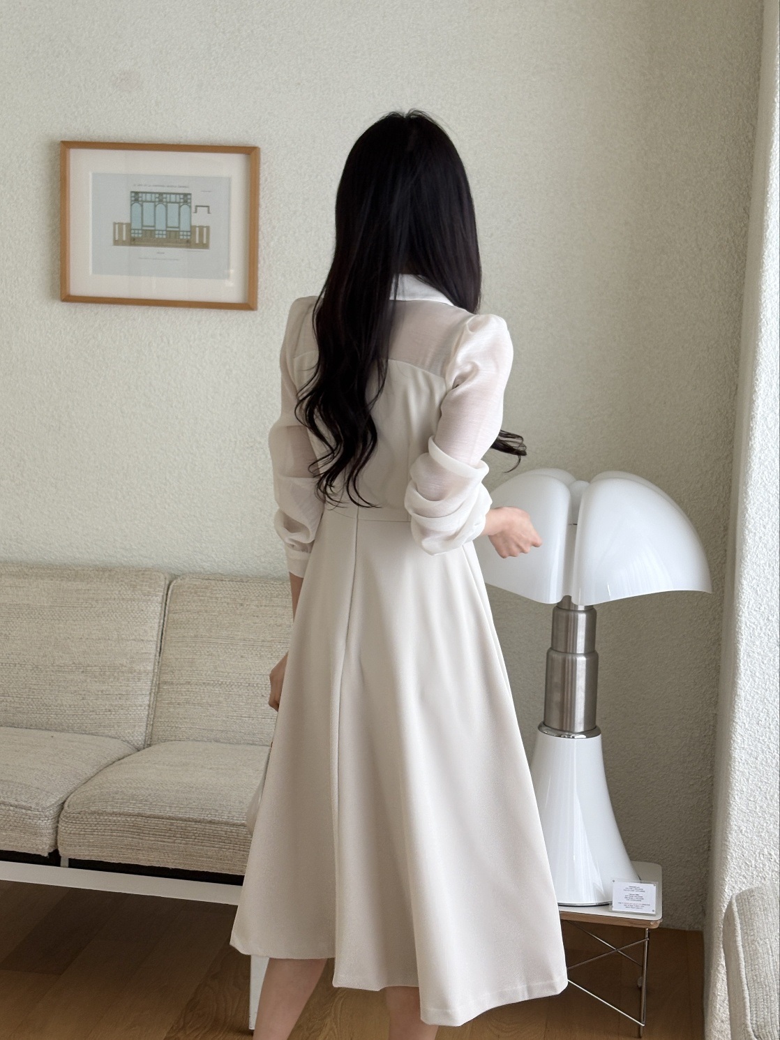 シフォンコンビジップアップカラーラインパフスリーブ長袖ミディフレアボタンスリーブ無地ワンピース | 詳細画像4