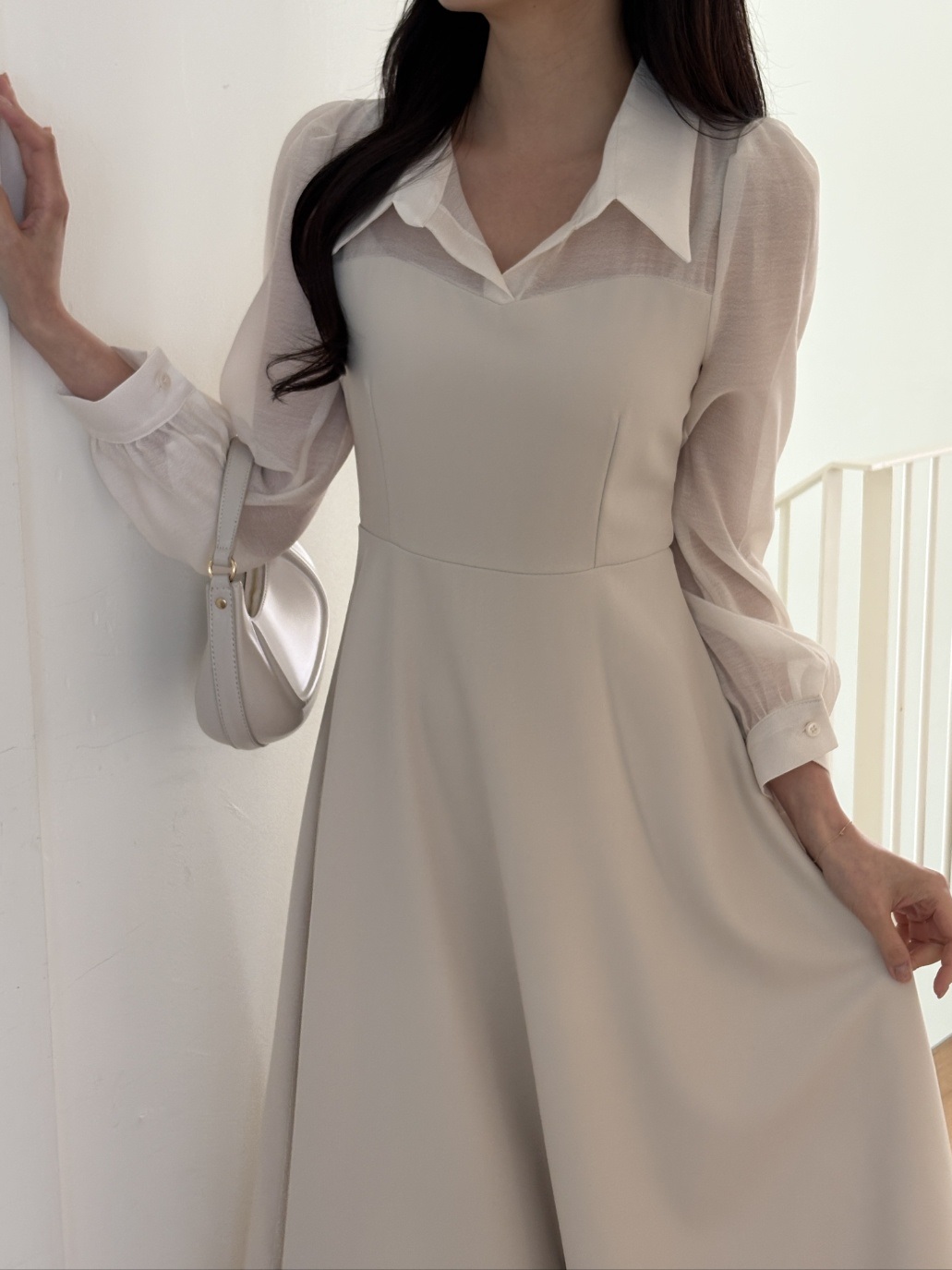 シフォンコンビジップアップカラーラインパフスリーブ長袖ミディフレアボタンスリーブ無地ワンピース | 詳細画像5