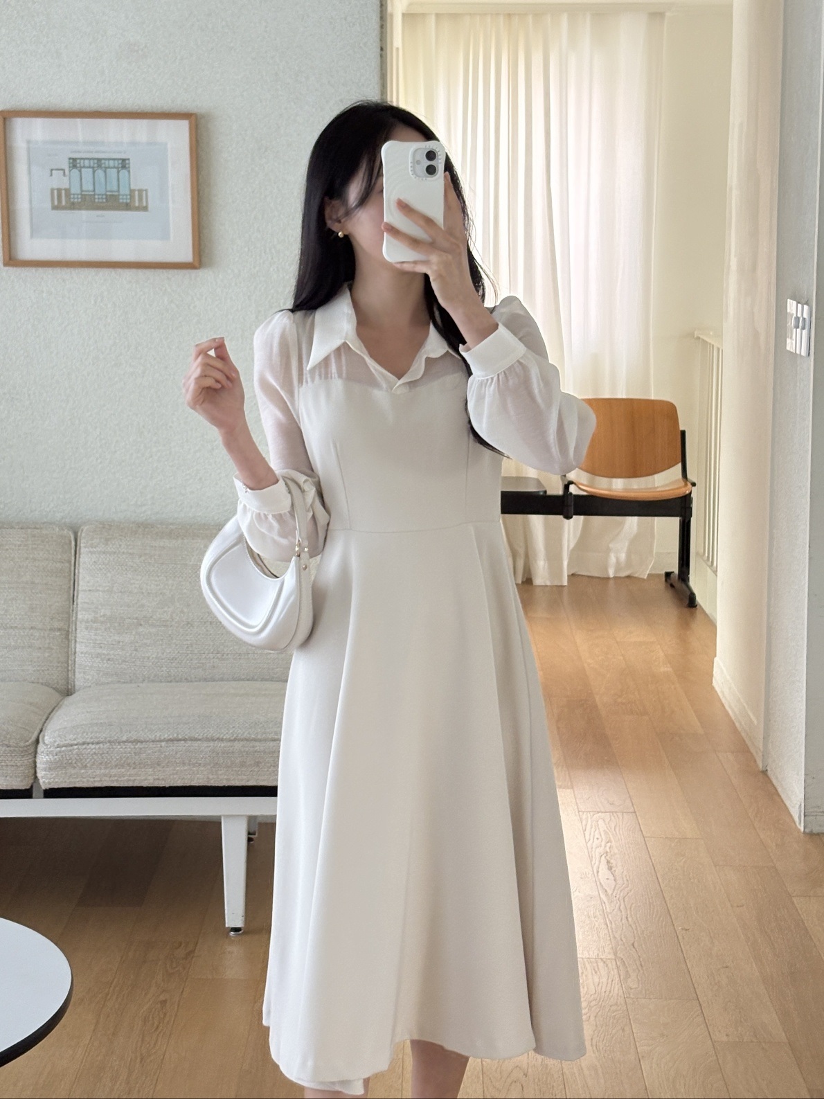 シフォンコンビジップアップカラーラインパフスリーブ長袖ミディフレアボタンスリーブ無地ワンピース | 詳細画像7