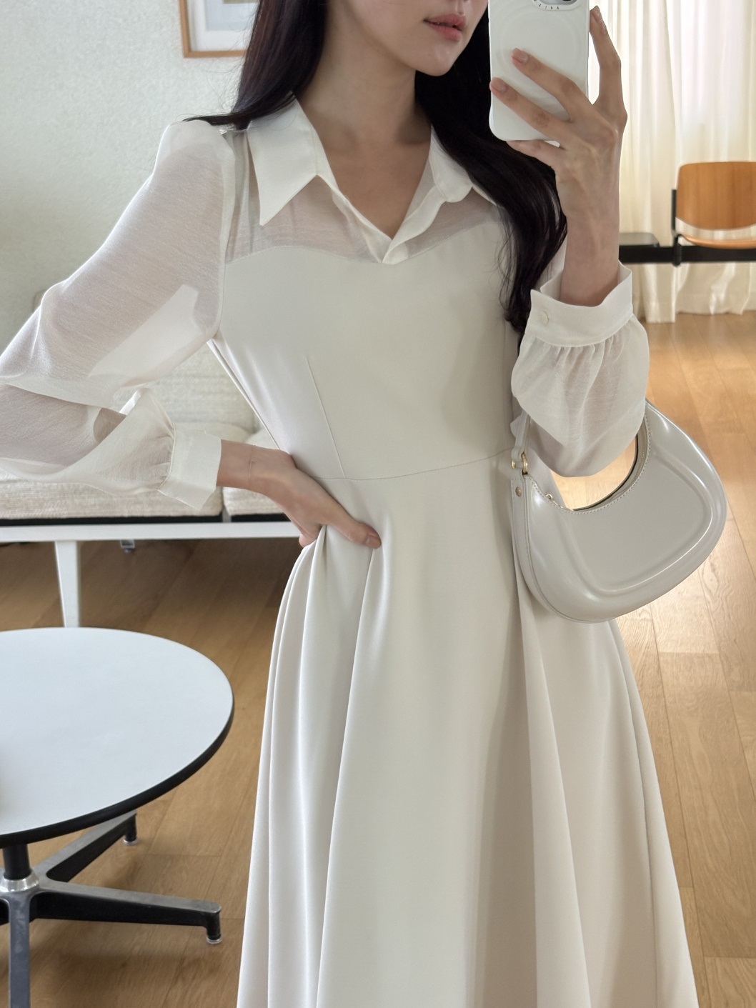 シフォンコンビジップアップカラーラインパフスリーブ長袖ミディフレアボタンスリーブ無地ワンピース | 詳細画像8