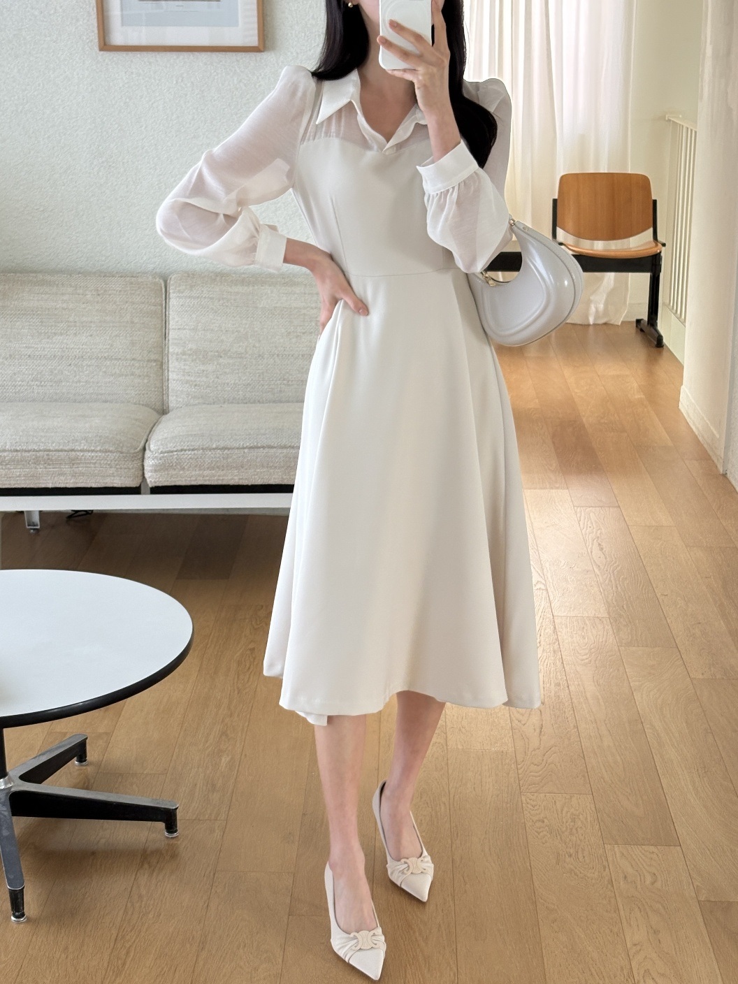 シフォンコンビジップアップカラーラインパフスリーブ長袖ミディフレアボタンスリーブ無地ワンピース | 詳細画像9