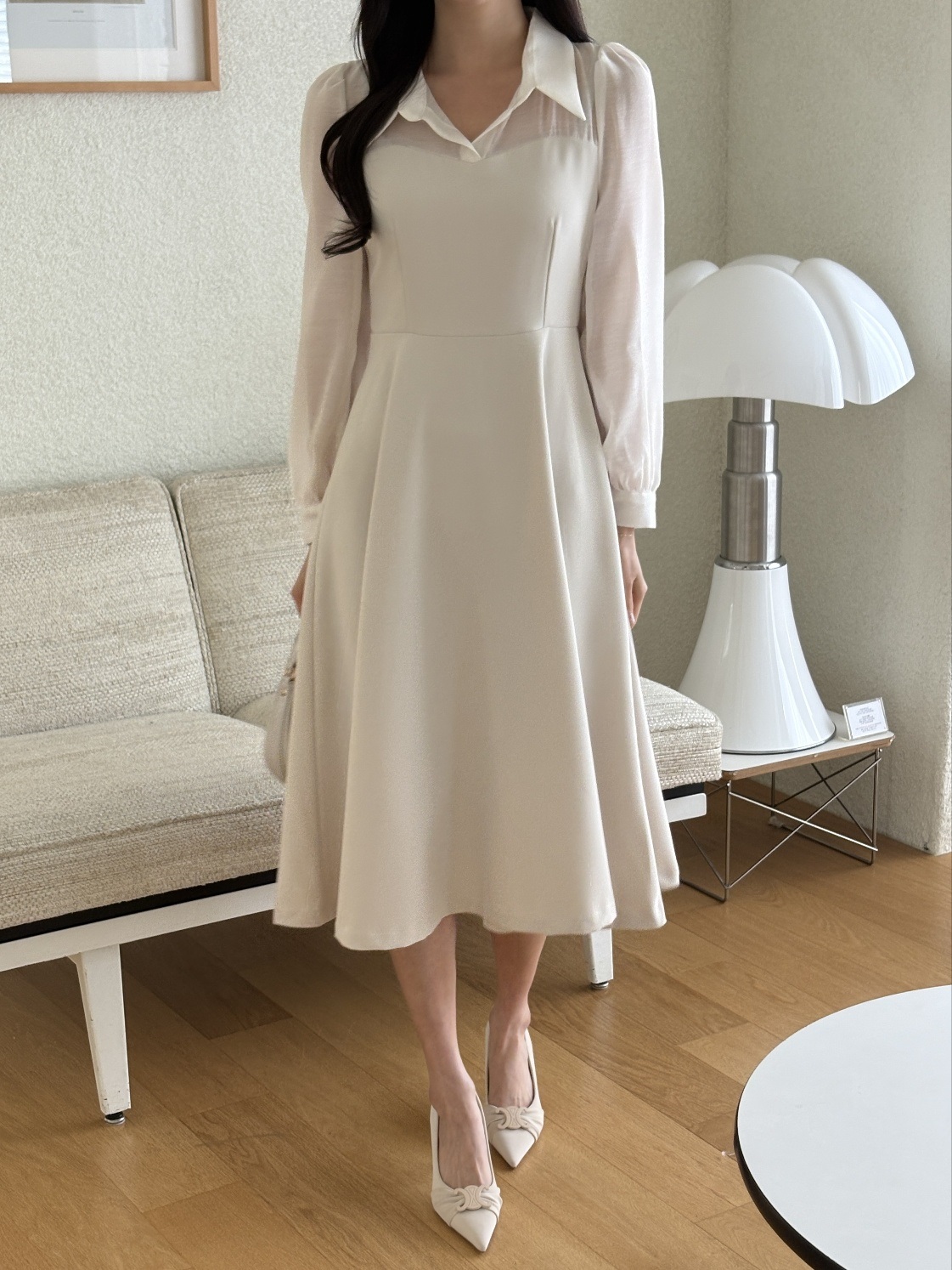 シフォンコンビジップアップカラーラインパフスリーブ長袖ミディフレアボタンスリーブ無地ワンピース | 詳細画像10