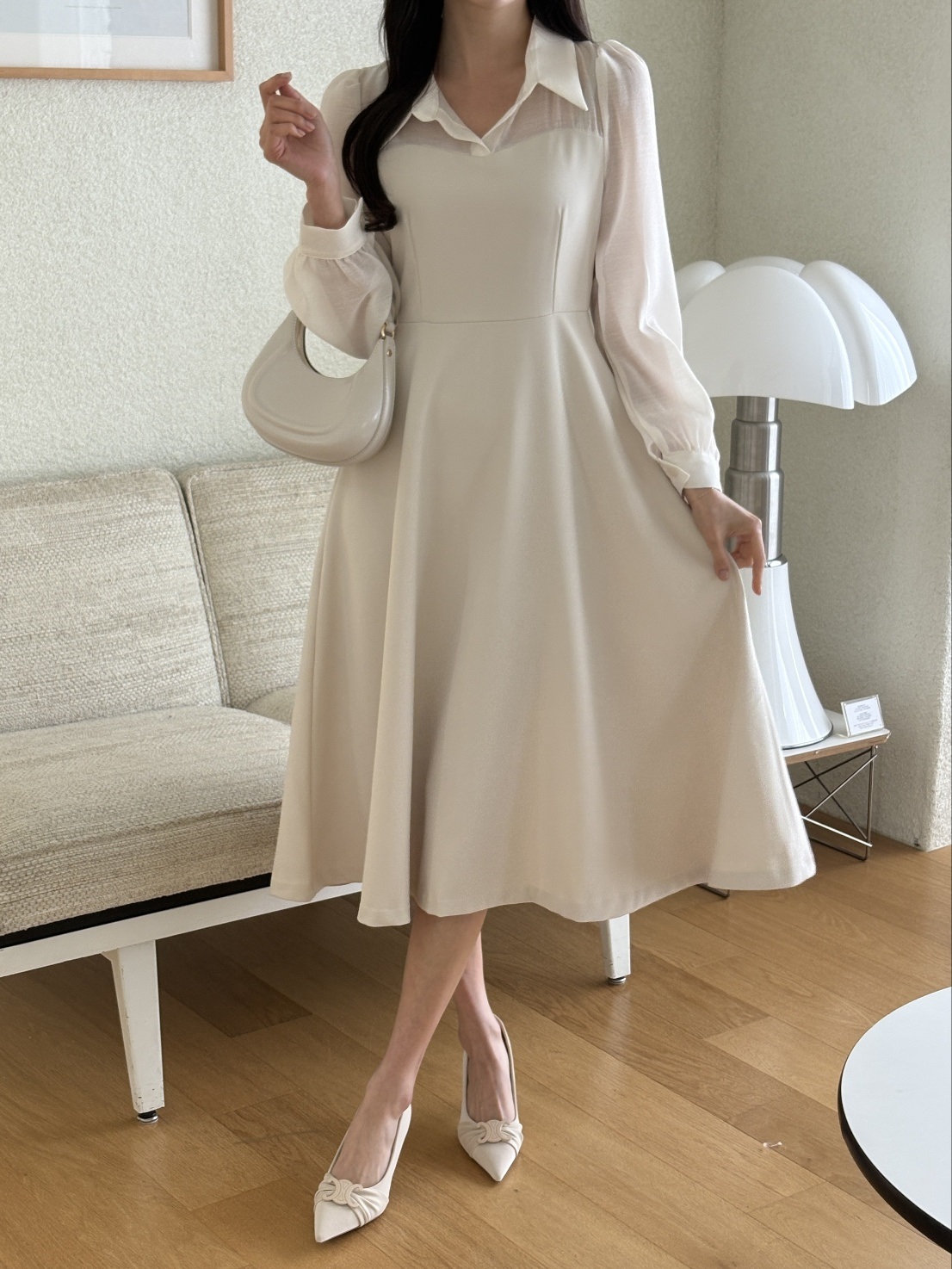 シフォンコンビジップアップカラーラインパフスリーブ長袖ミディフレアボタンスリーブ無地ワンピース | 詳細画像12