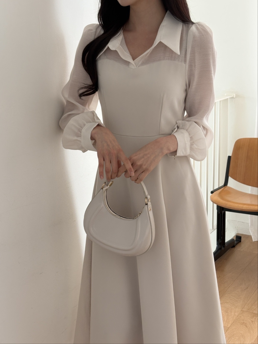 シフォンコンビジップアップカラーラインパフスリーブ長袖ミディフレアボタンスリーブ無地ワンピース | 詳細画像13