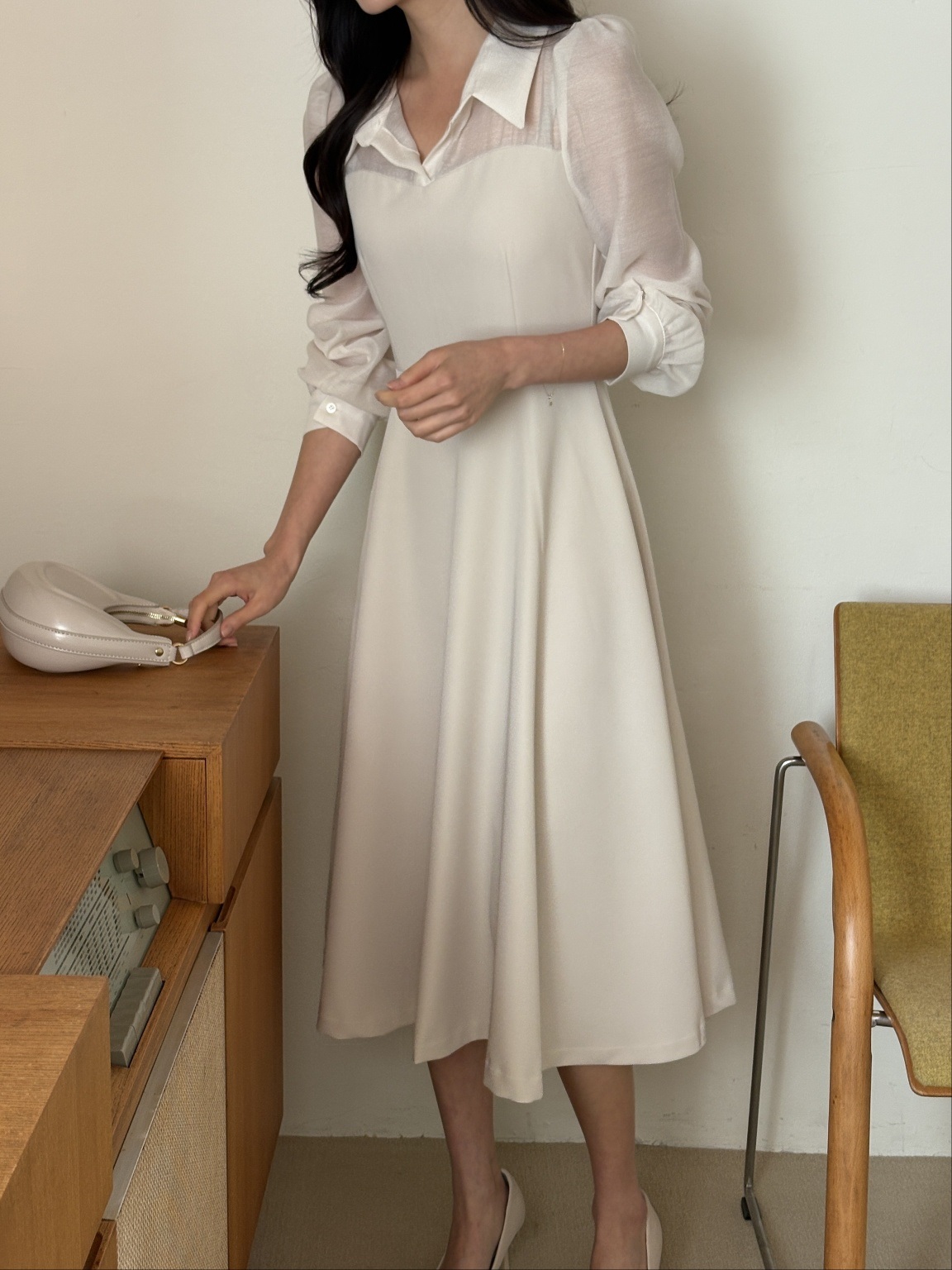 シフォンコンビジップアップカラーラインパフスリーブ長袖ミディフレアボタンスリーブ無地ワンピース | 詳細画像14