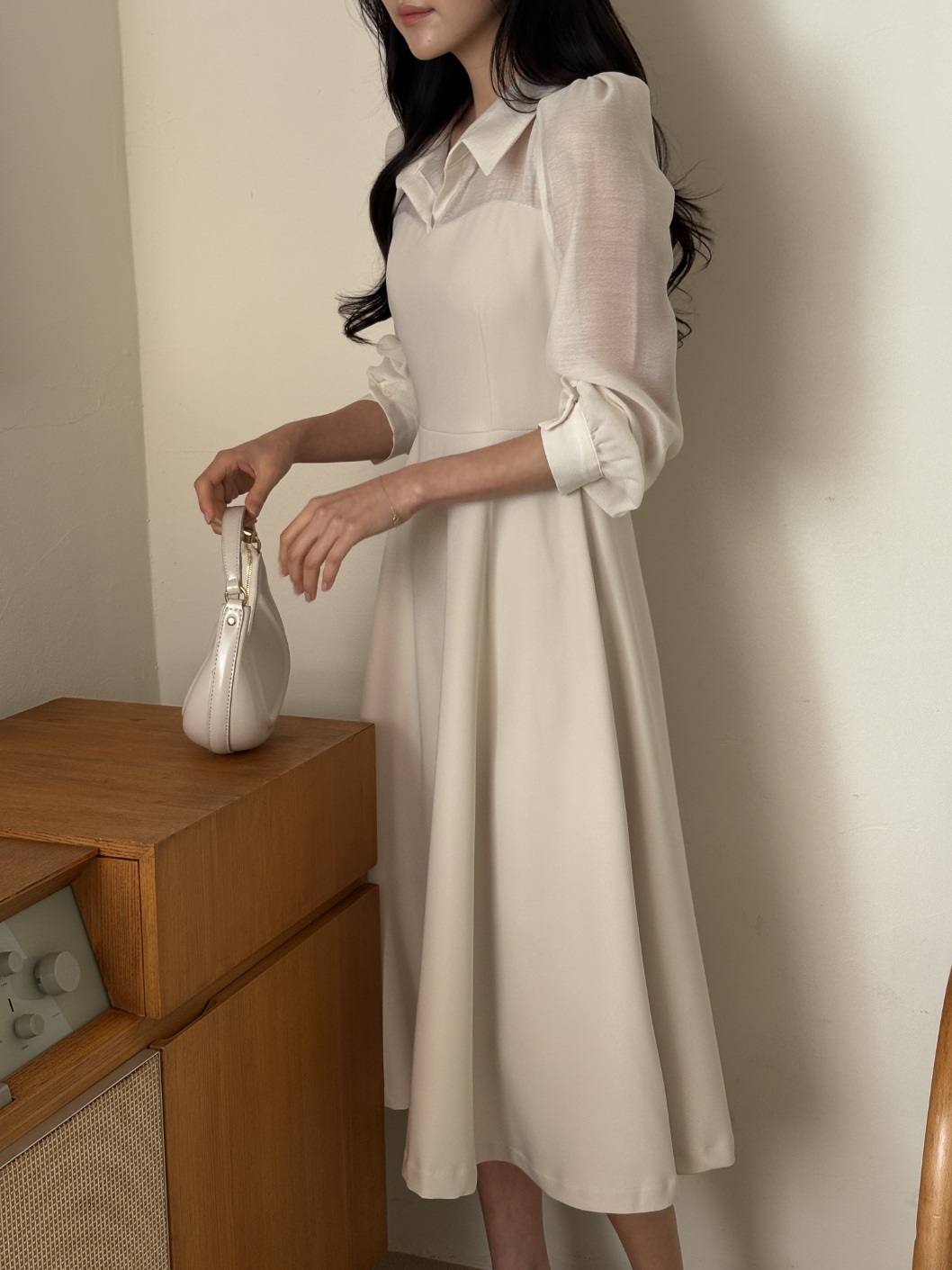 シフォンコンビジップアップカラーラインパフスリーブ長袖ミディフレアボタンスリーブ無地ワンピース | 詳細画像16