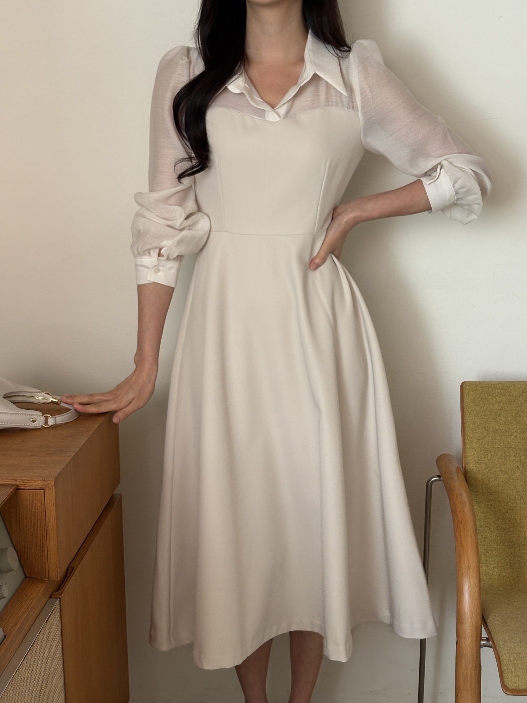 シフォンコンビジップアップカラーラインパフスリーブ長袖ミディフレアボタンスリーブ無地ワンピース | 詳細画像17