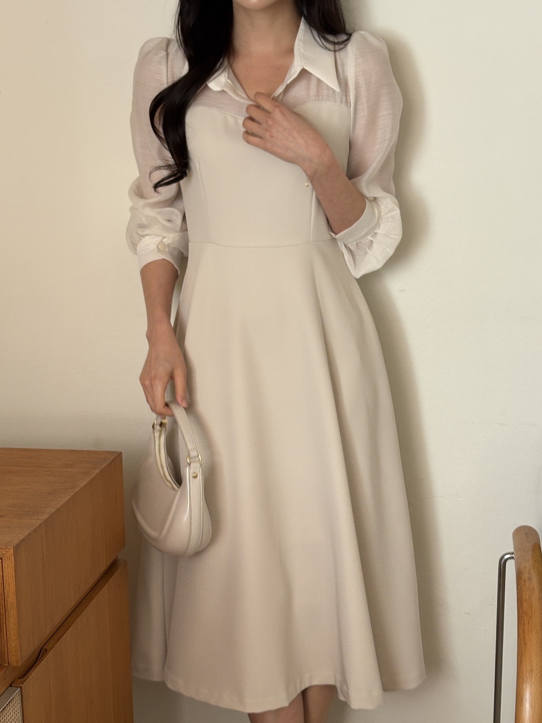 シフォンコンビジップアップカラーラインパフスリーブ長袖ミディフレアボタンスリーブ無地ワンピース | 詳細画像18