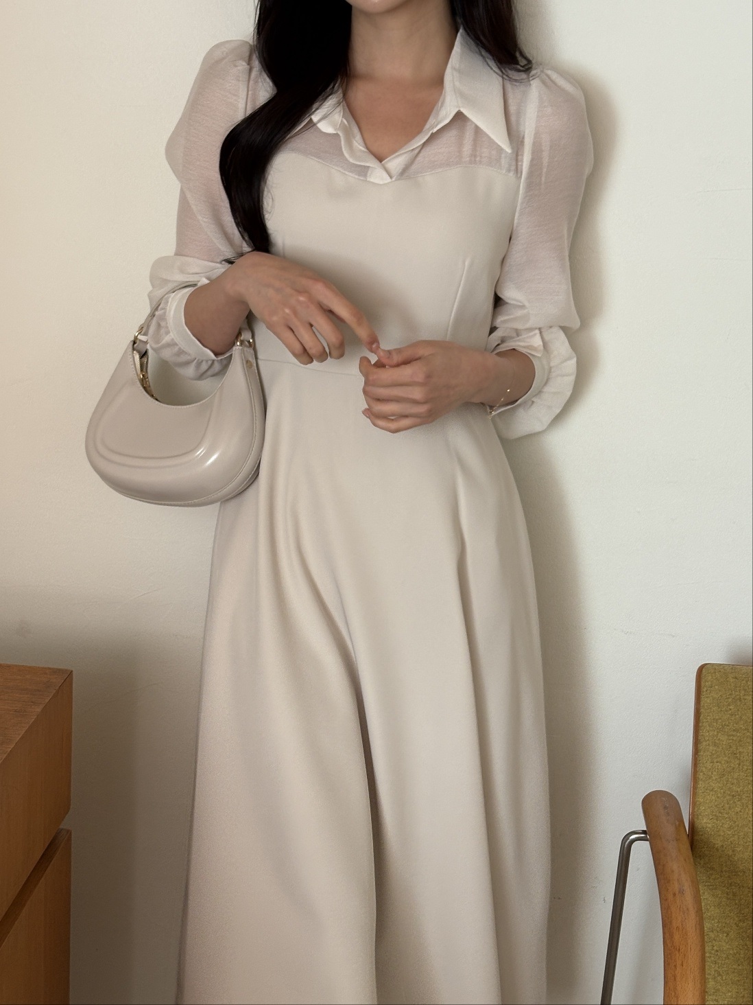 シフォンコンビジップアップカラーラインパフスリーブ長袖ミディフレアボタンスリーブ無地ワンピース | 詳細画像19