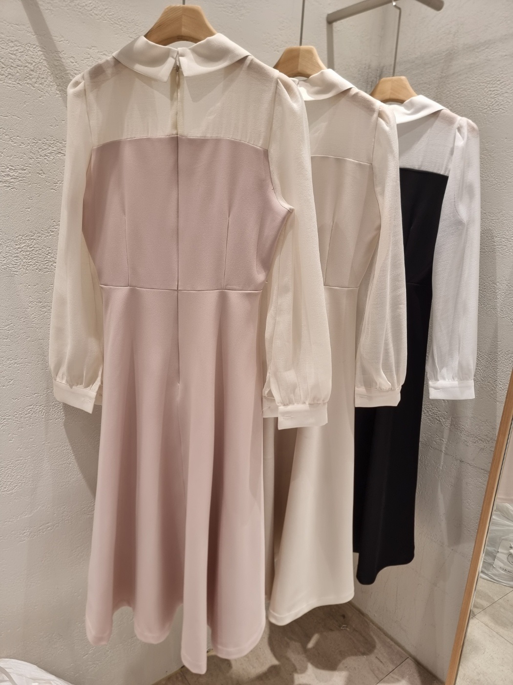 シフォンコンビジップアップカラーラインパフスリーブ長袖ミディフレアボタンスリーブ無地ワンピース | 詳細画像23