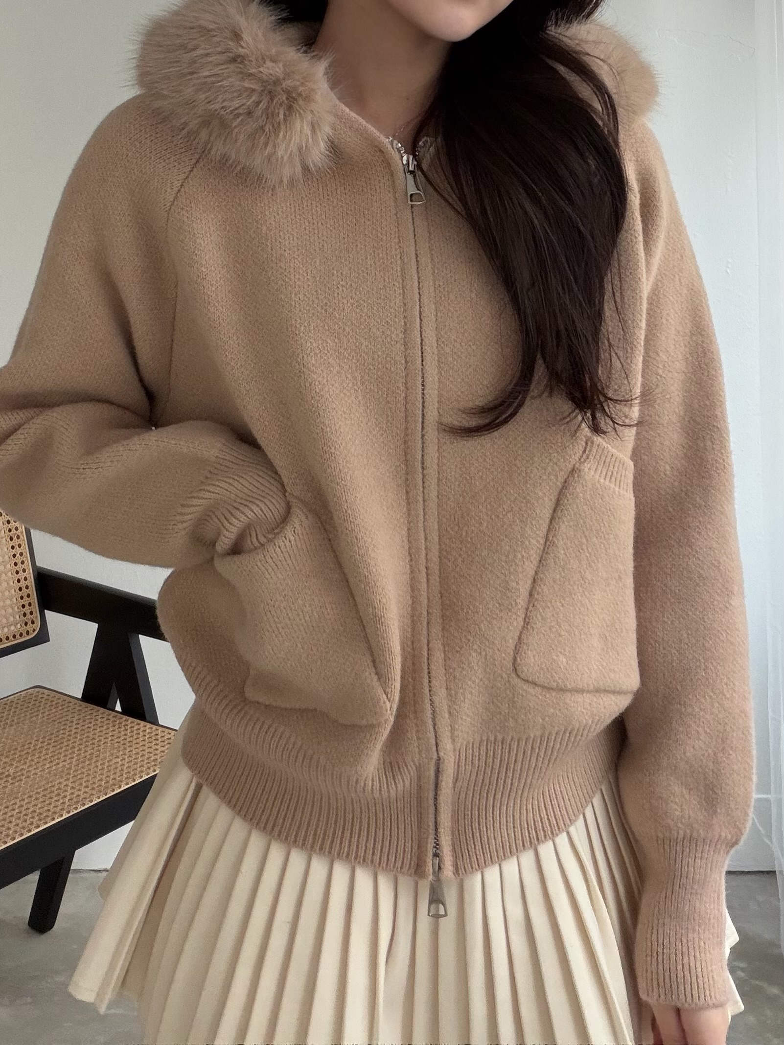 エコファーフード付きニットパーカー | 詳細画像4