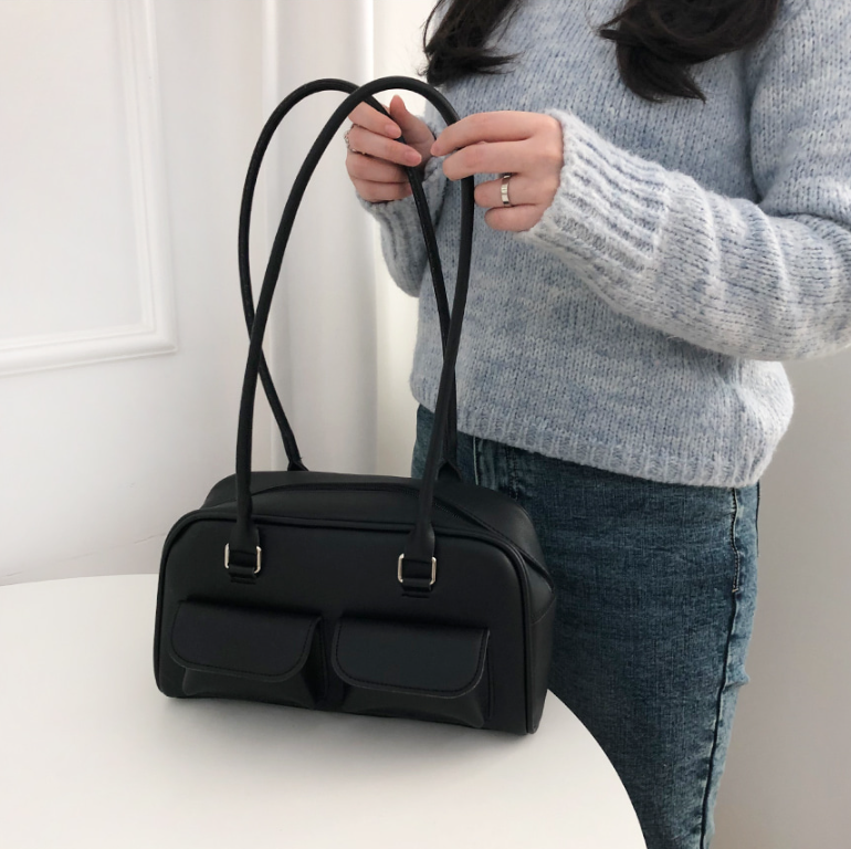 レザー調ジップアップフラップポケット無地トートバッグ | 詳細画像3