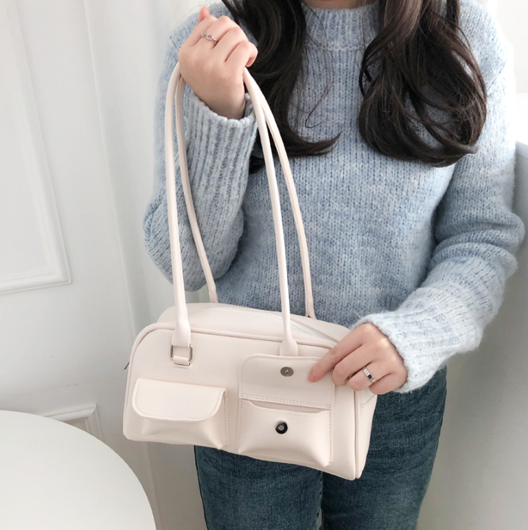 レザー調ジップアップフラップポケット無地トートバッグ | 詳細画像5