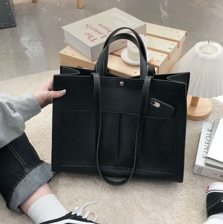 レザー調ポケットマグネットボタン無地トートバッグ | 詳細画像8