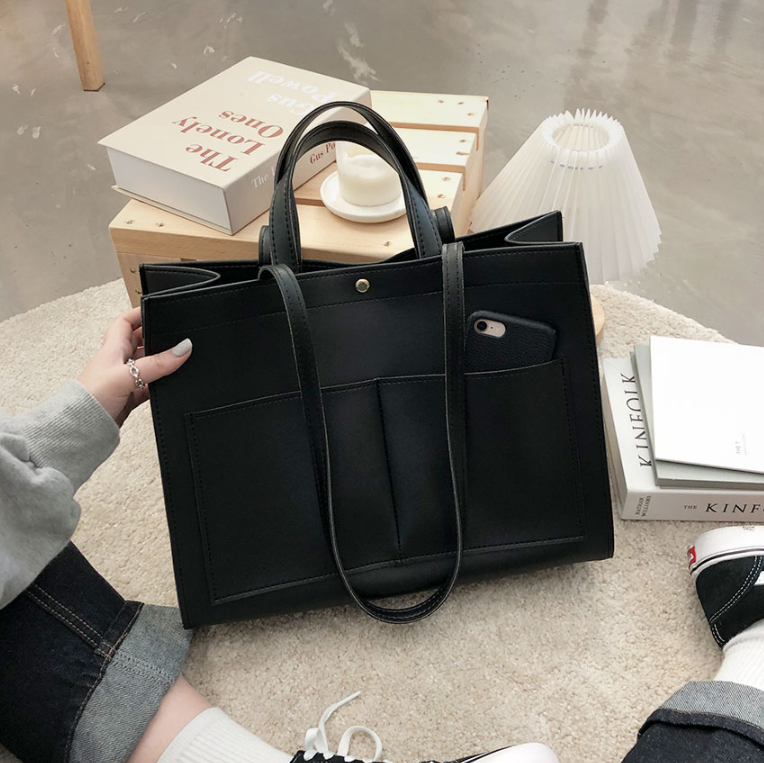 レザー調ポケットマグネットボタン無地トートバッグ | 詳細画像9