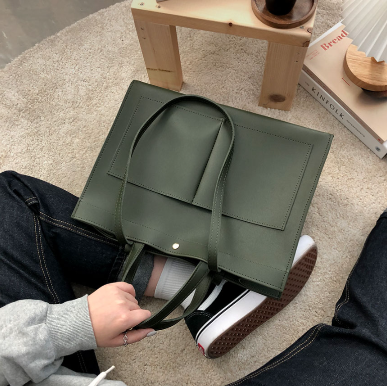 レザー調ポケットマグネットボタン無地トートバッグ | 詳細画像19