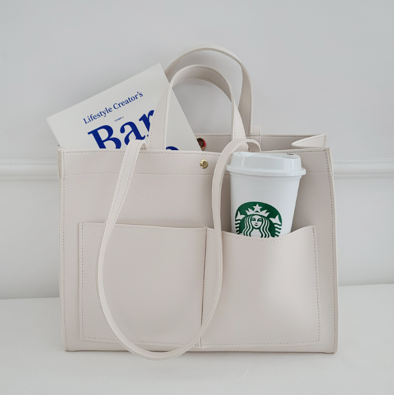 レザー調ポケットマグネットボタン無地トートバッグ | 詳細画像23