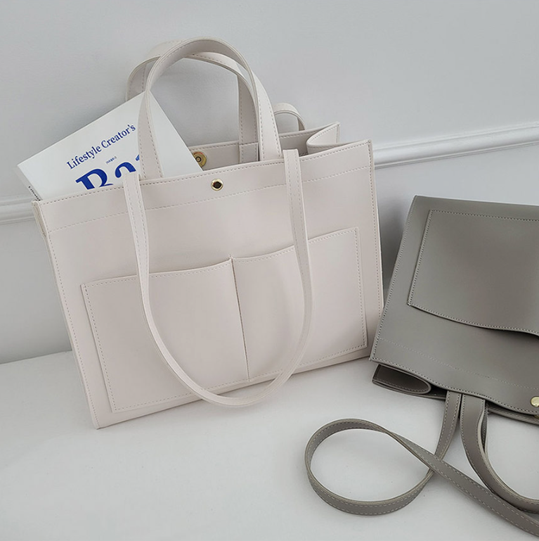 レザー調ポケットマグネットボタン無地トートバッグ | 詳細画像24