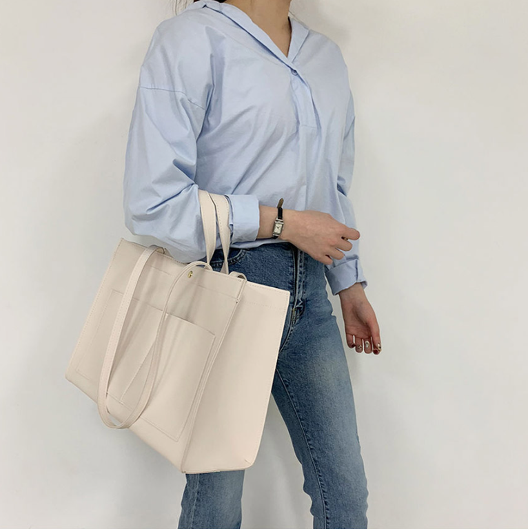 レザー調ポケットマグネットボタン無地トートバッグ | 詳細画像2