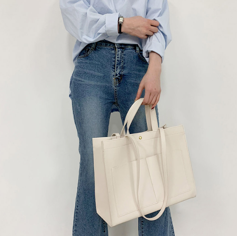 レザー調ポケットマグネットボタン無地トートバッグ | 詳細画像3