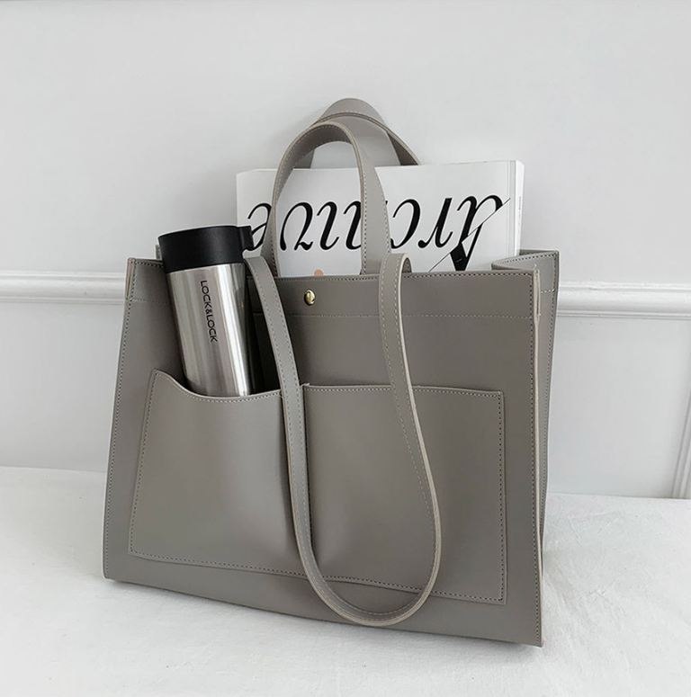 レザー調ポケットマグネットボタン無地トートバッグ | 詳細画像34