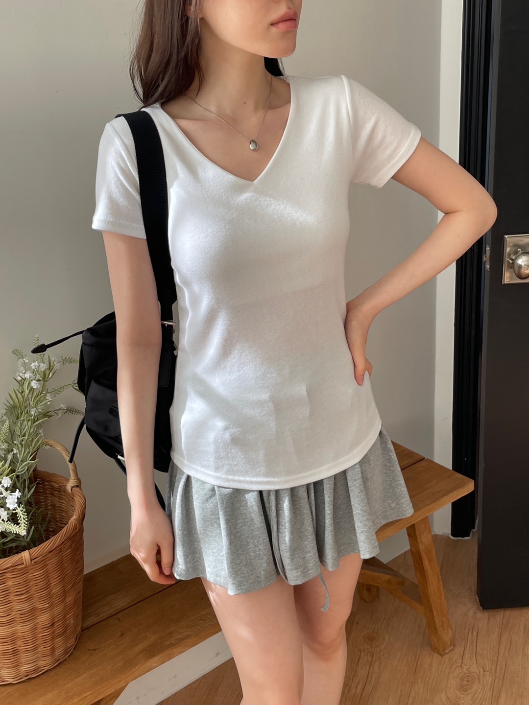 Vネックスリム半袖ハーフ無地Tシャツ | 詳細画像6