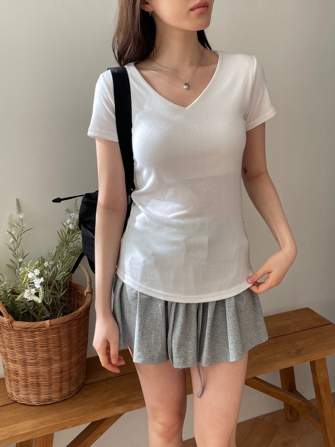 Vネックスリム半袖ハーフ無地Tシャツ | 詳細画像7