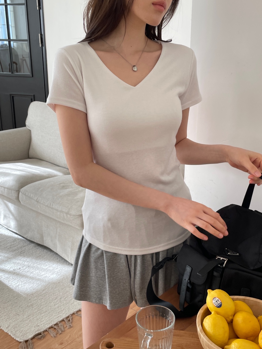 Vネックスリム半袖ハーフ無地Tシャツ | 詳細画像8