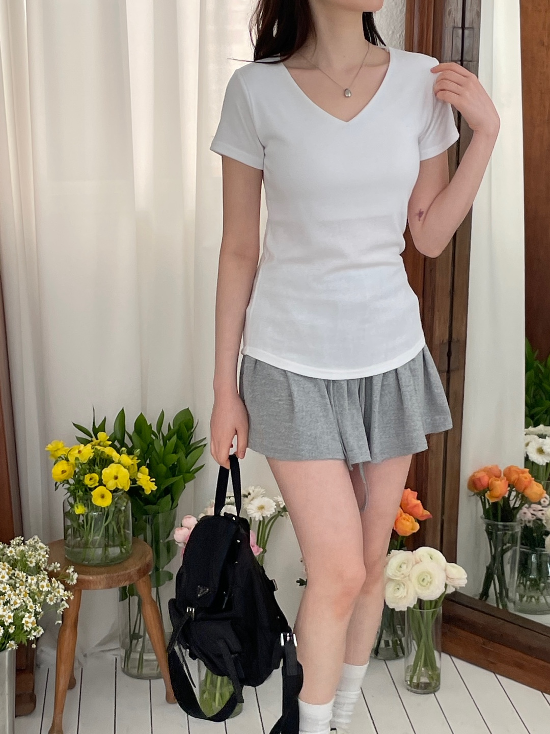 Vネックスリム半袖ハーフ無地Tシャツ | 詳細画像13