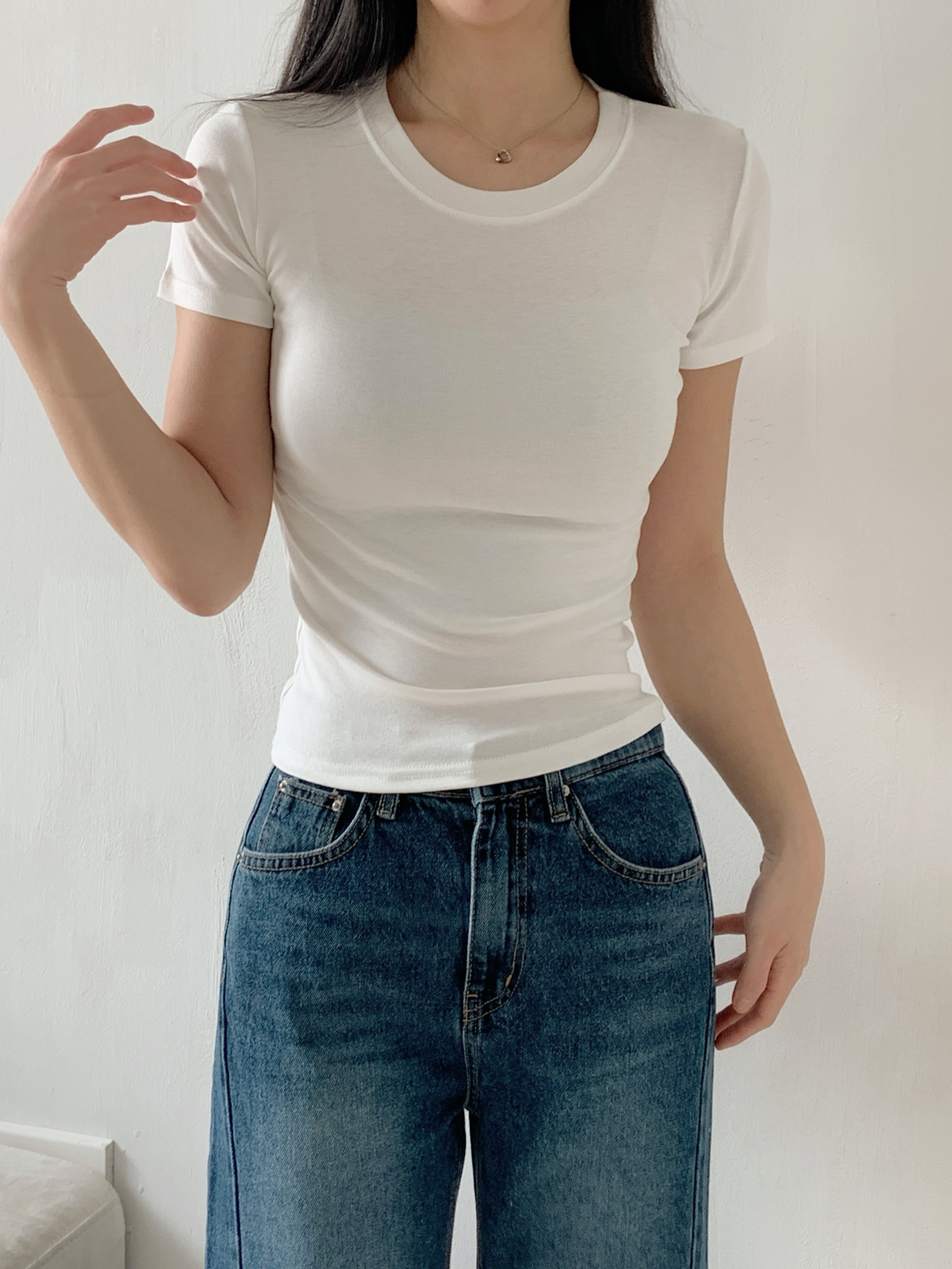 ラウンドネックベーシックスリム半袖無地Tシャツ | 詳細画像2