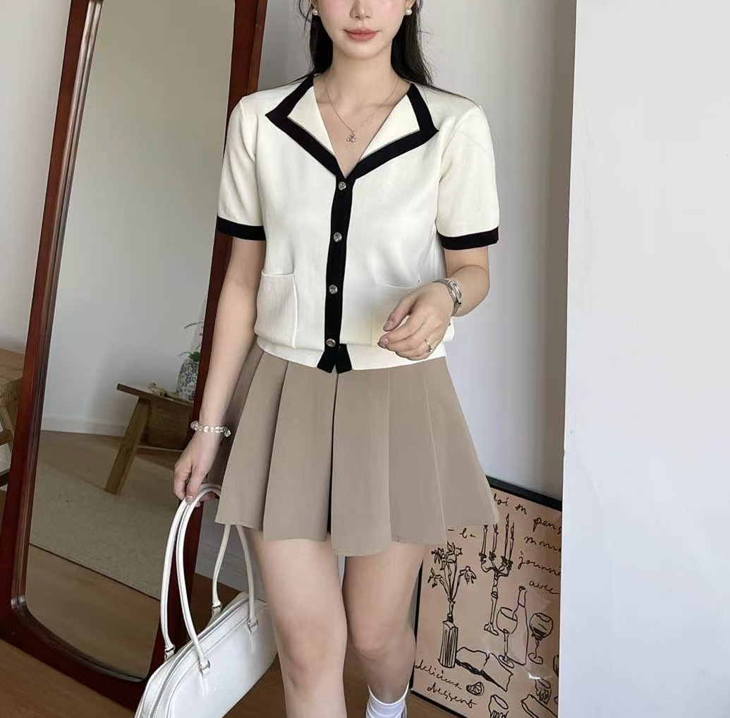 パール調ボタンルーズ半袖アウトポケット配色カーディガン | 詳細画像6