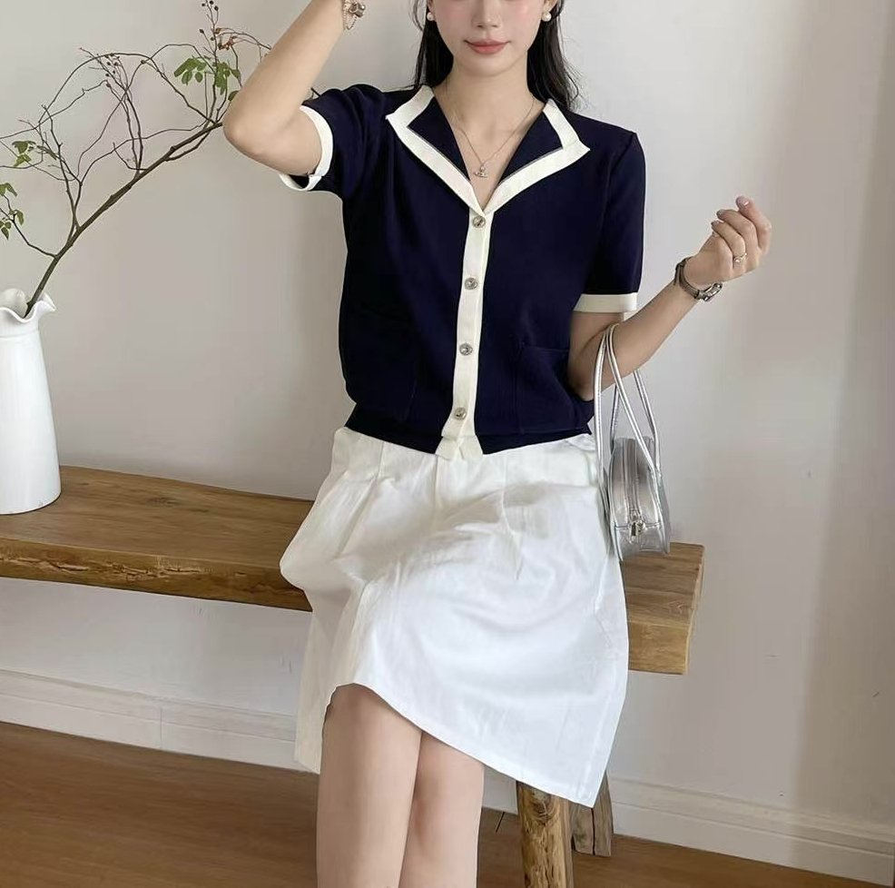 パール調ボタンルーズ半袖アウトポケット配色カーディガン | 詳細画像2