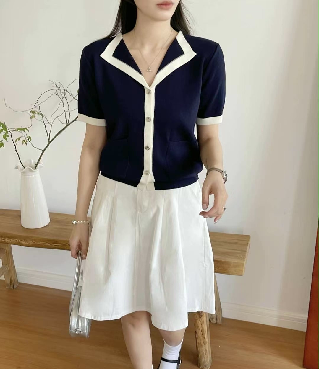 パール調ボタンルーズ半袖アウトポケット配色カーディガン | 詳細画像3