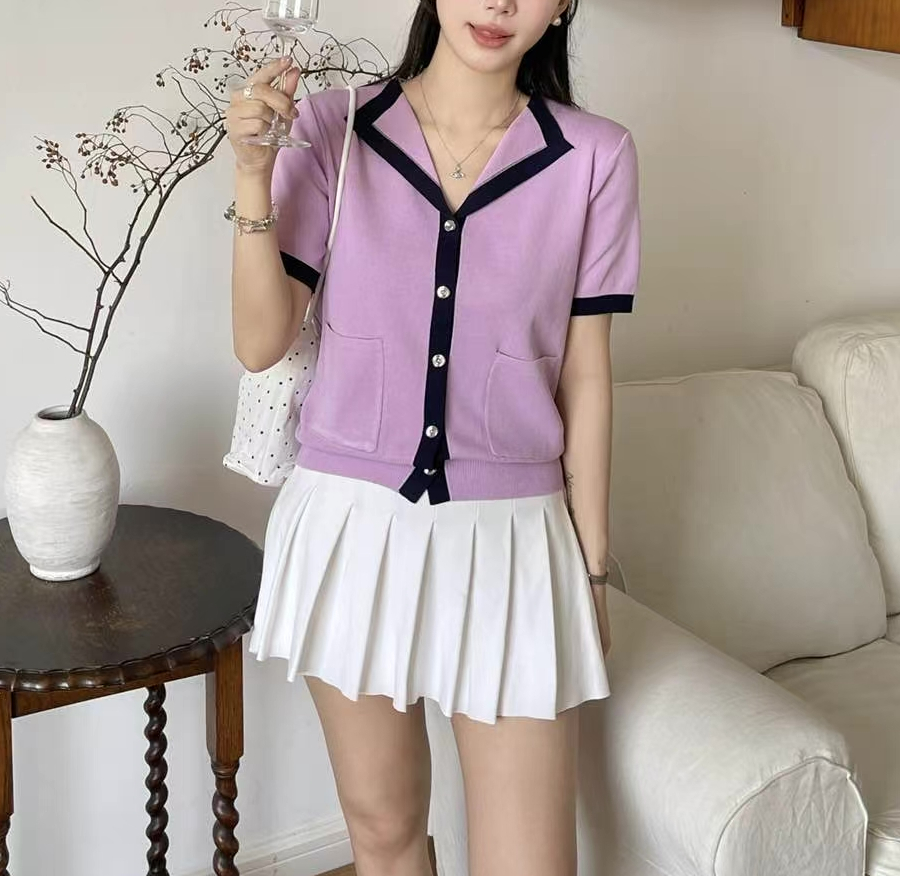 パール調ボタンルーズ半袖アウトポケット配色カーディガン | 詳細画像4