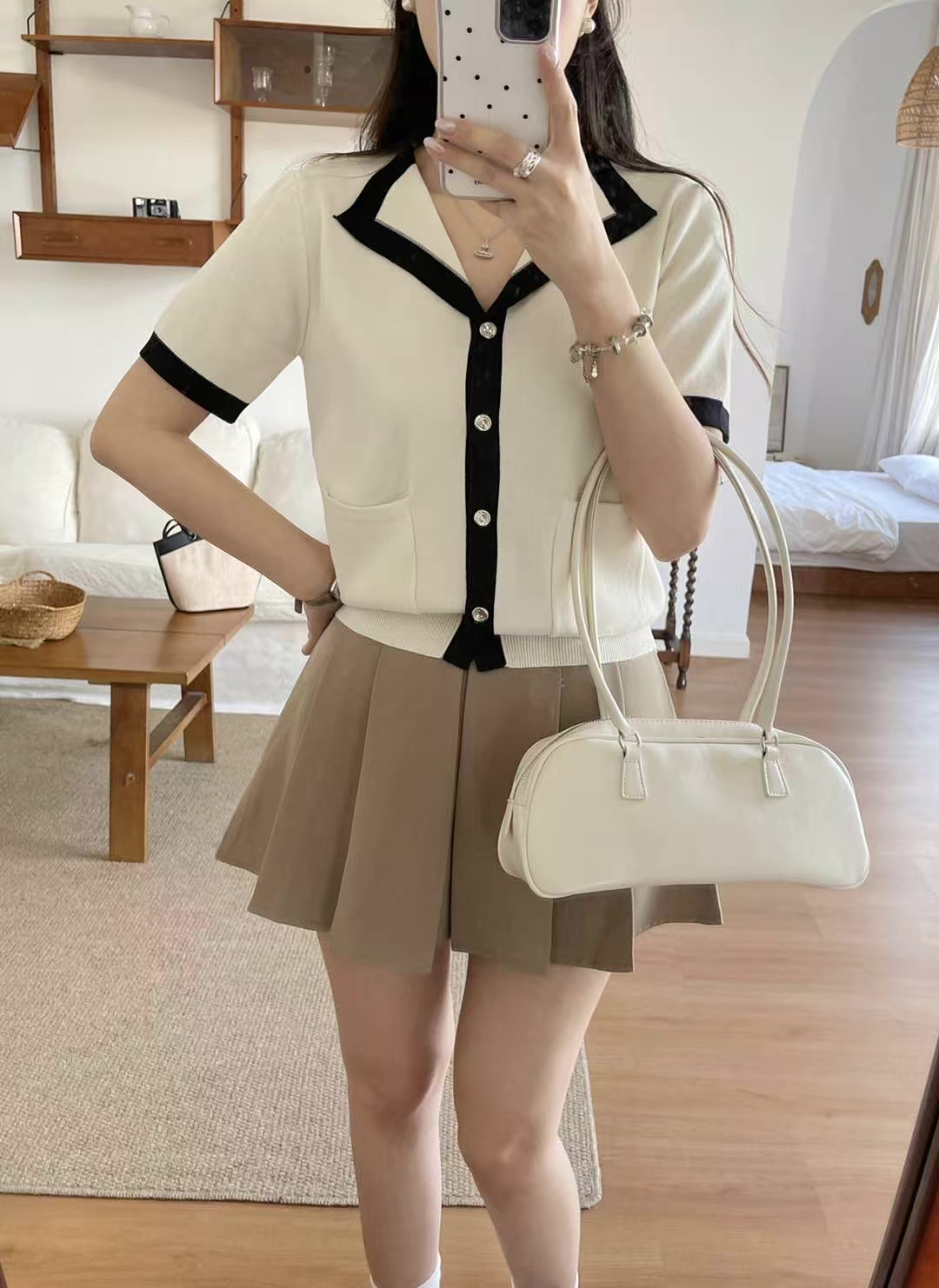 パール調ボタンルーズ半袖アウトポケット配色カーディガン | 詳細画像7