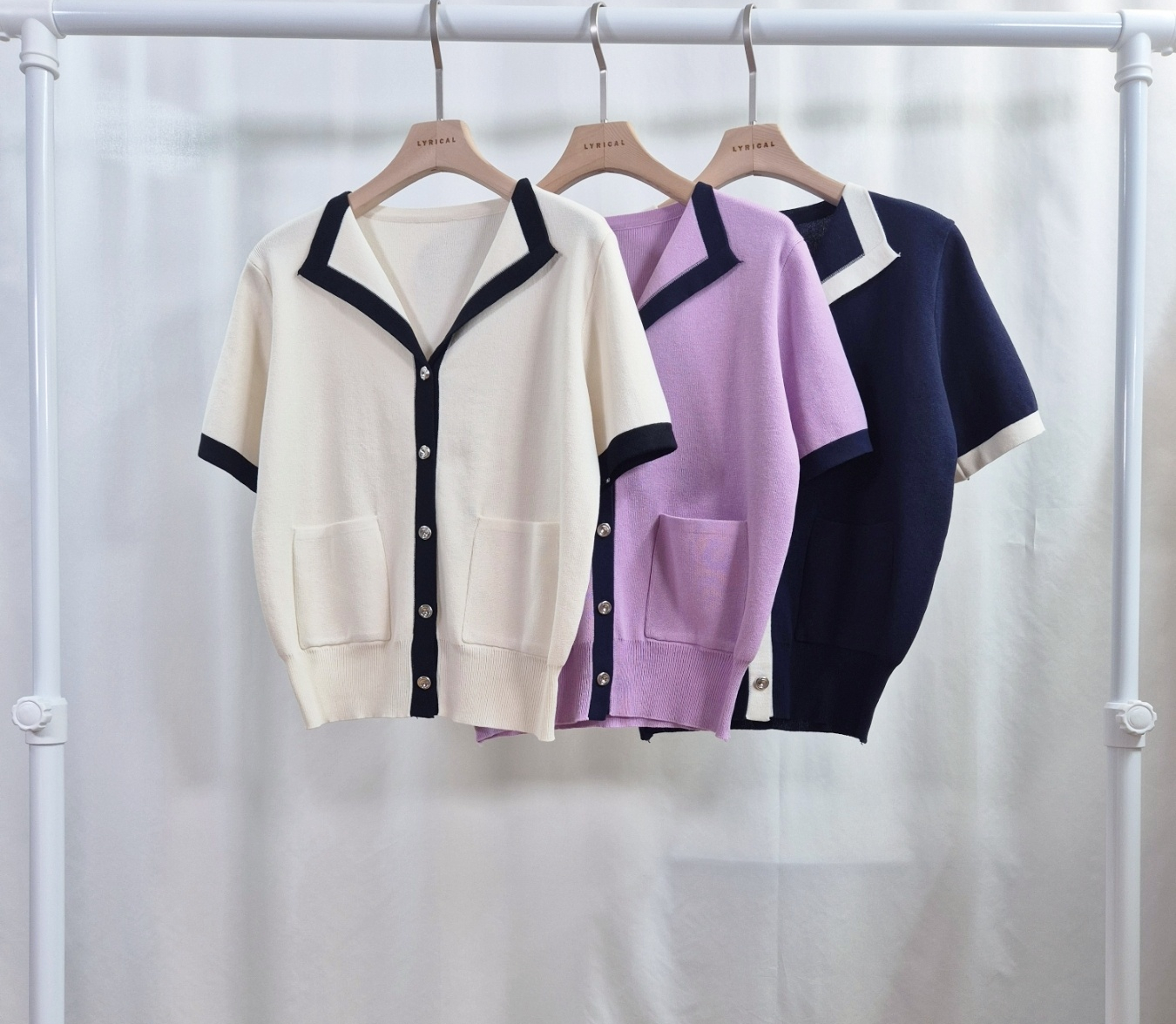 パール調ボタンルーズ半袖アウトポケット配色カーディガン | 詳細画像8