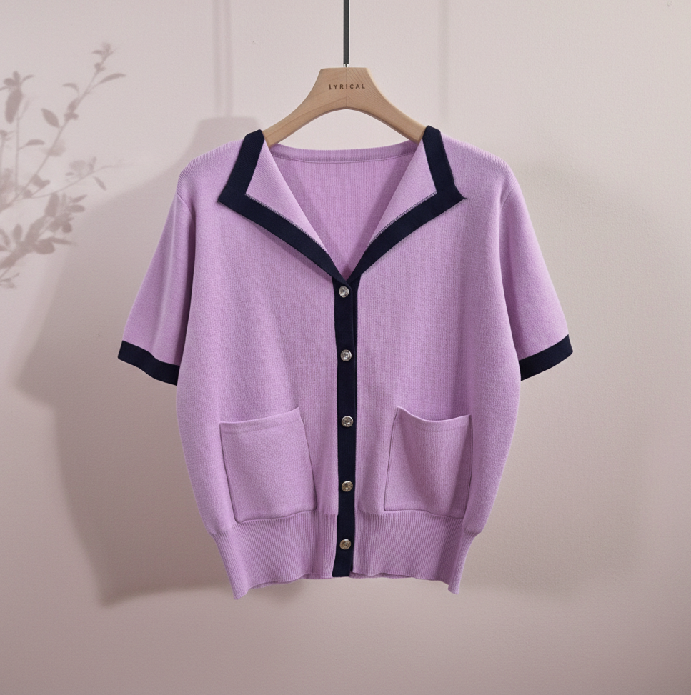 パール調ボタンルーズ半袖アウトポケット配色カーディガン | 詳細画像11