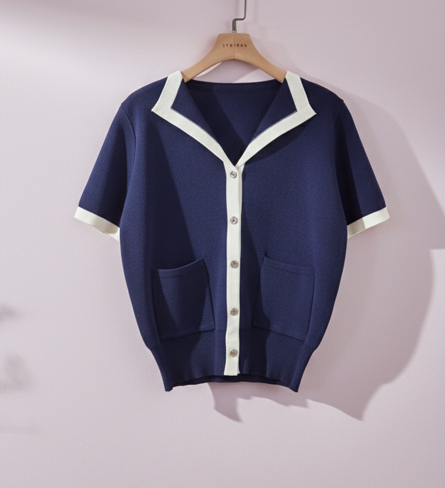 パール調ボタンルーズ半袖アウトポケット配色カーディガン | 詳細画像10