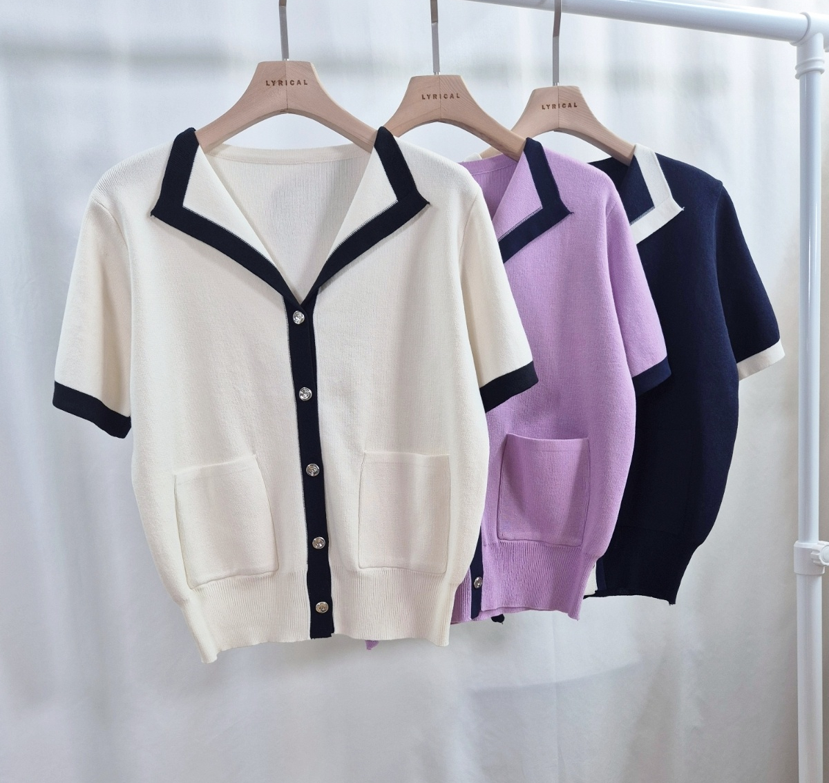 パール調ボタンルーズ半袖アウトポケット配色カーディガン | 詳細画像12