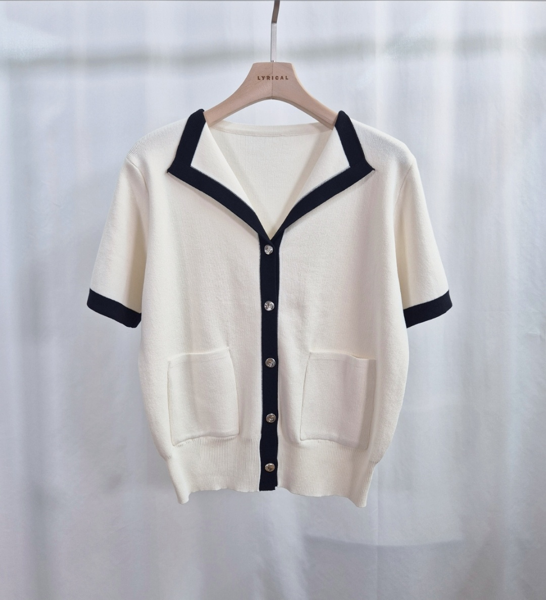 パール調ボタンルーズ半袖アウトポケット配色カーディガン | 詳細画像13