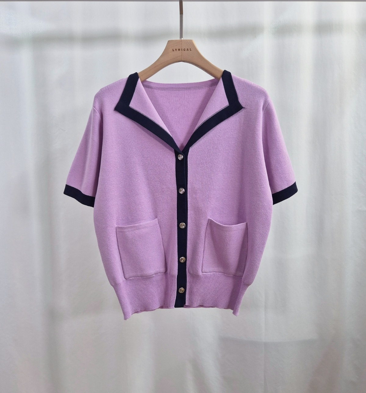 パール調ボタンルーズ半袖アウトポケット配色カーディガン | 詳細画像14