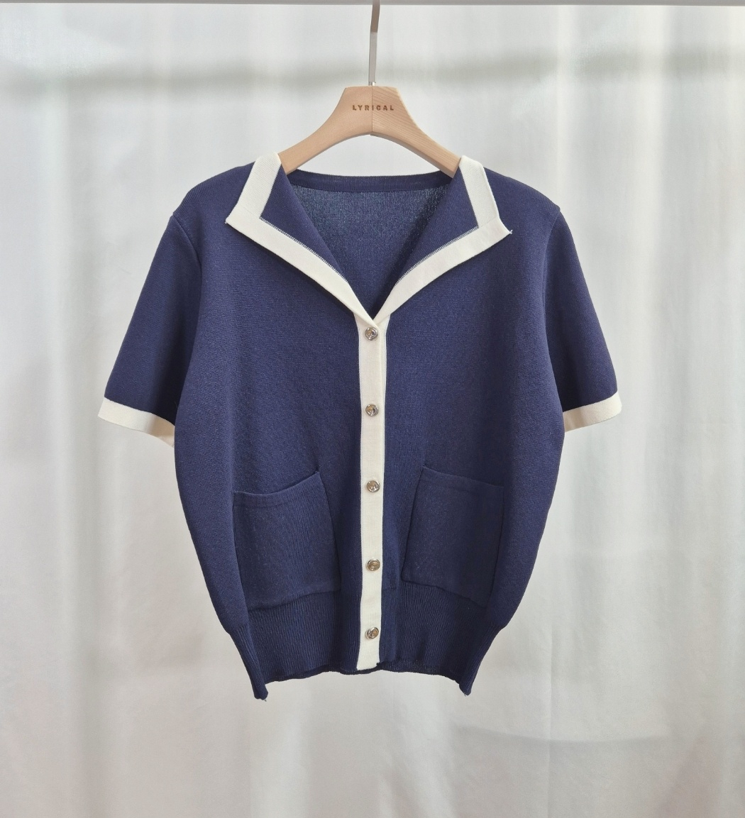 パール調ボタンルーズ半袖アウトポケット配色カーディガン | 詳細画像15