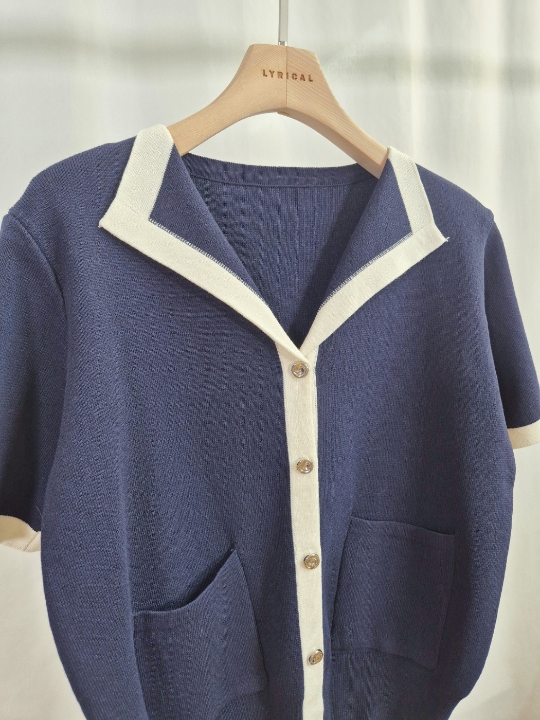 パール調ボタンルーズ半袖アウトポケット配色カーディガン | 詳細画像16