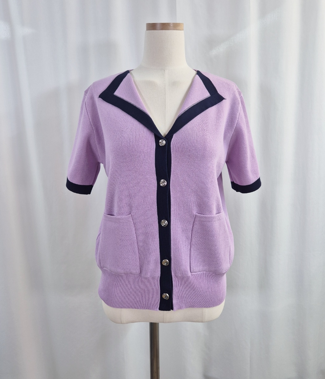 パール調ボタンルーズ半袖アウトポケット配色カーディガン | 詳細画像17