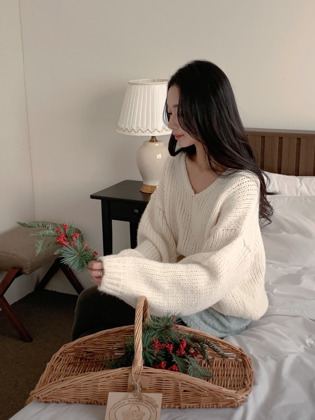 ウール混Vネックドルマンルーズ長袖無地ニット | 詳細画像2