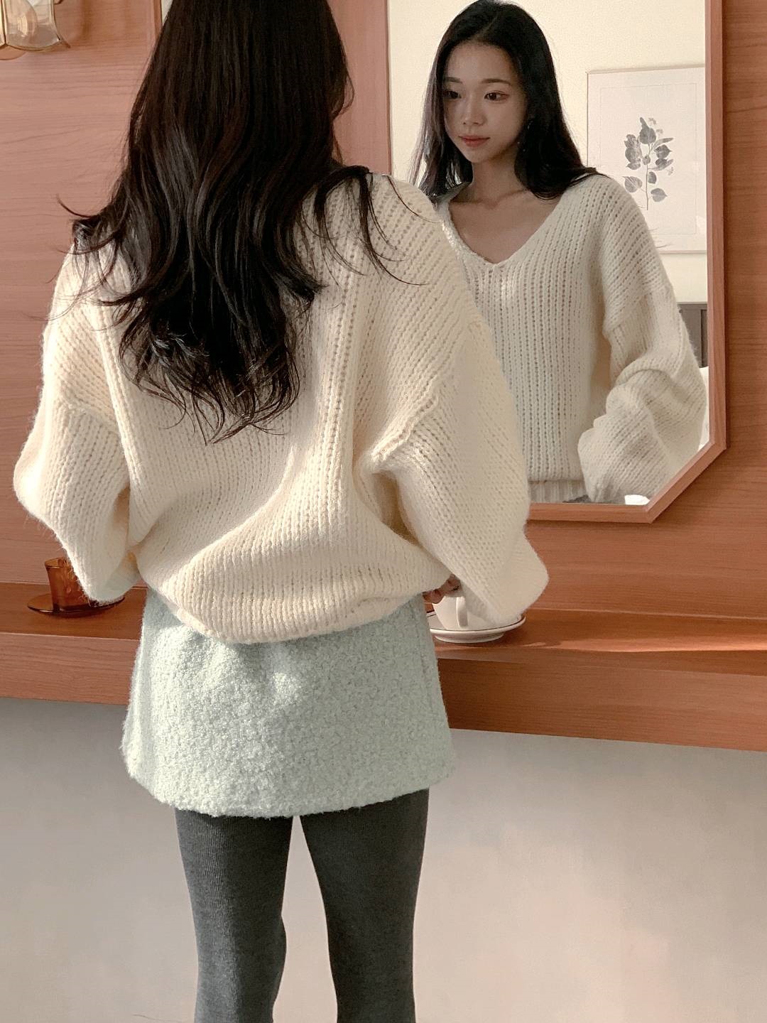 ウール混Vネックドルマンルーズ長袖無地ニット | 詳細画像5