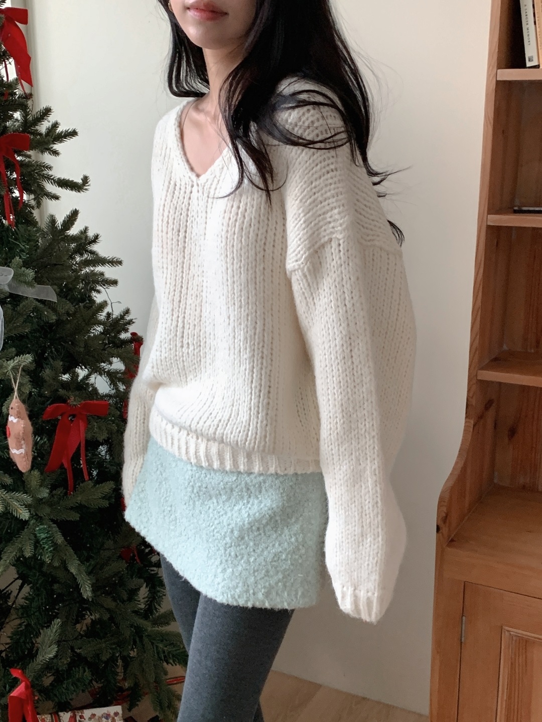 ウール混Vネックドルマンルーズ長袖無地ニット | 詳細画像7