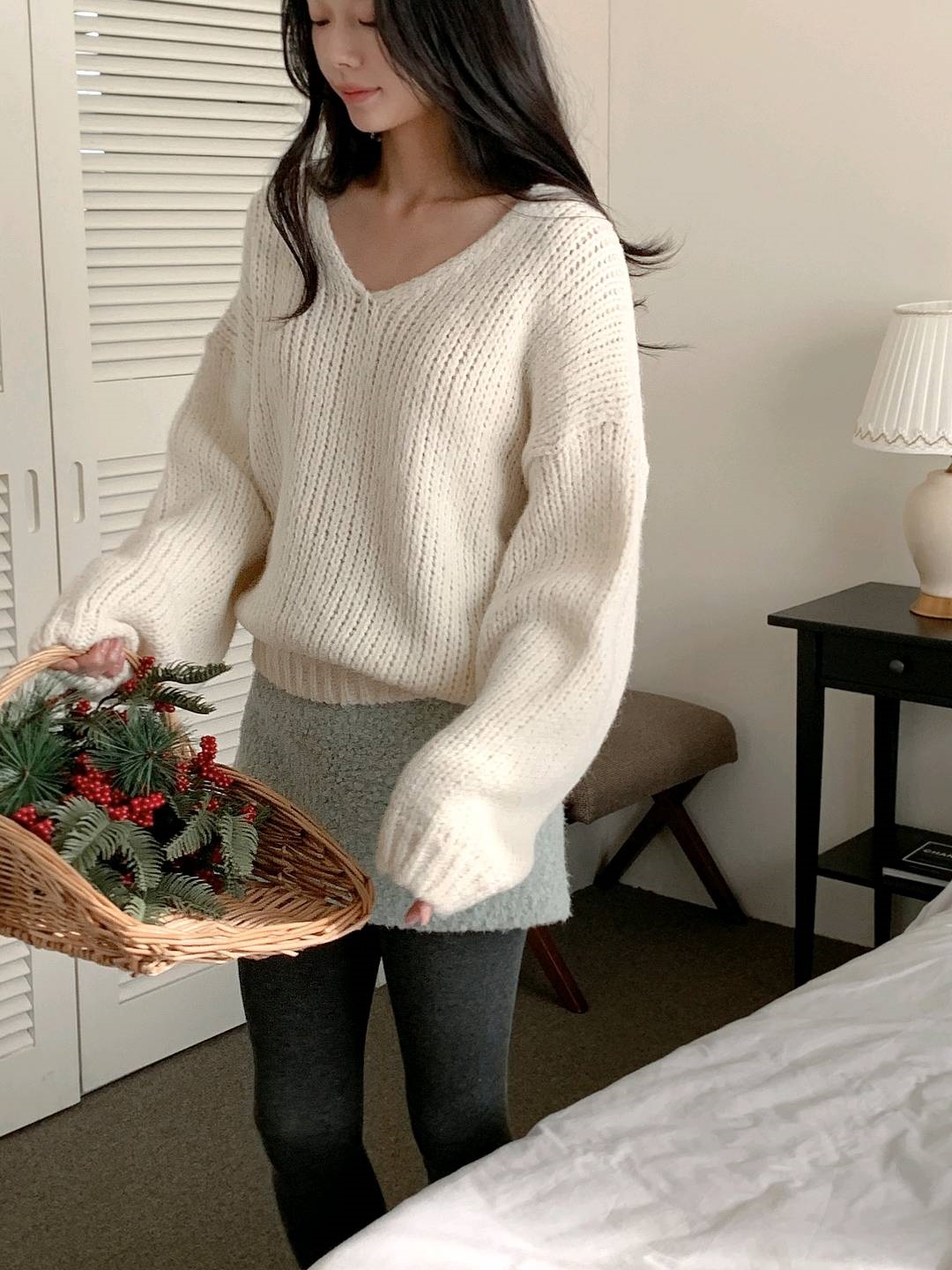 ウール混Vネックドルマンルーズ長袖無地ニット | 詳細画像6